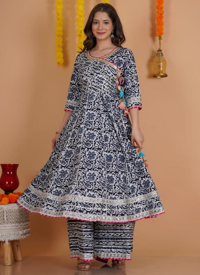 Pure Cotton Black Traditional Wear Printed Readymade Anarkali Suit